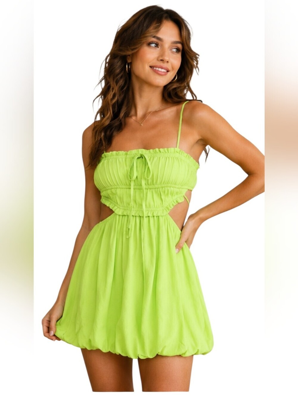 Aibilee Neon Lime Green Cutout Bubble Hem Mini Dress NWT Size Medium